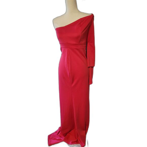 One Shoulder Fuschia Long Sleeve Mermaid Evening Long Dress Sz M - Picture 1 of 7